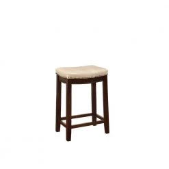 26 in. H Cream and Brown Wooden Counter Stool with Faux Leather Upholstery by Benjara