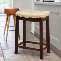 26 in. H Cream and Brown Wooden Counter Stool with Faux Leather Upholstery by Benjara -Cheap Benjara Store brown benjara bar stools bm144057 fa 1000