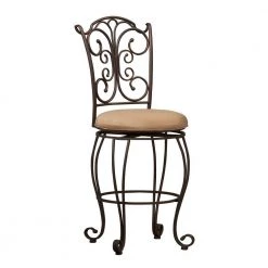 46.5 in. H Brown Metal Bar Stool with Cushioned Seat and Scrollwork Details by Benjara
