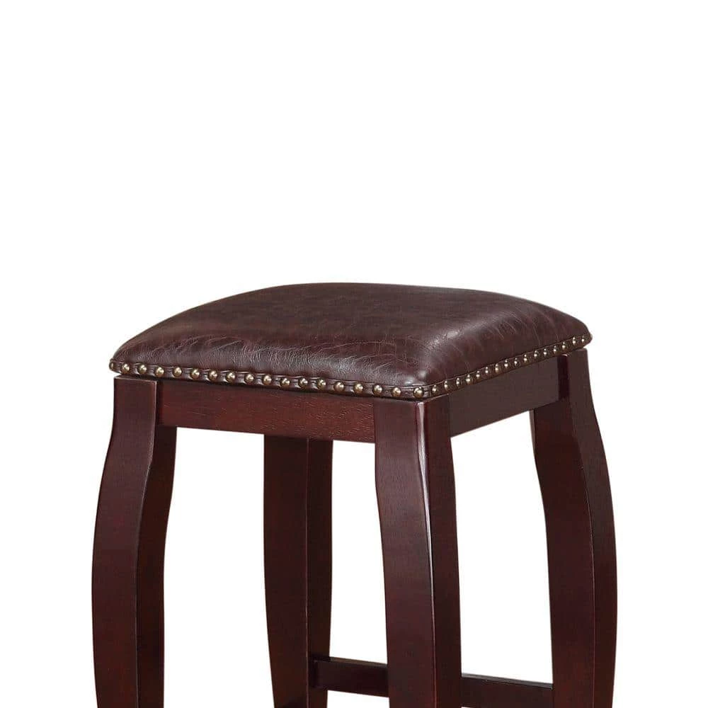 30 in. Brown Backless Wooden Bar Stool with Cushioned Seat and Nailhead Trim Edge by Benjara 4 30 in. Brown Backless Wooden Bar Stool with Cushioned Seat and Nailhead Trim Edge by Benjara - Image 4