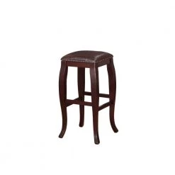 30 in. Brown Backless Wooden Bar Stool with Cushioned Seat and Nailhead Trim Edge by Benjara