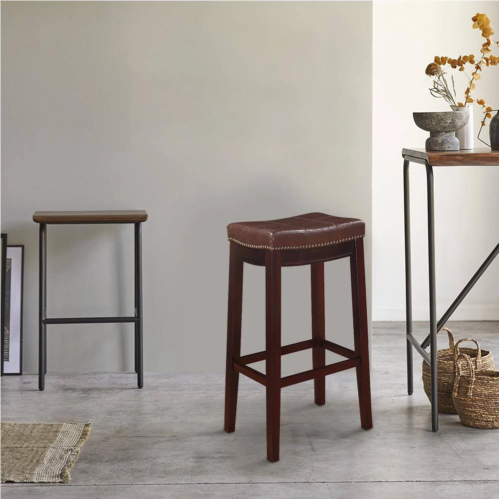 32 in. H Brown Wooden Bar Stool with Faux Leather Upholstery by Benjara 7 32 in. H Brown Wooden Bar Stool with Faux Leather Upholstery by Benjara - Image 7