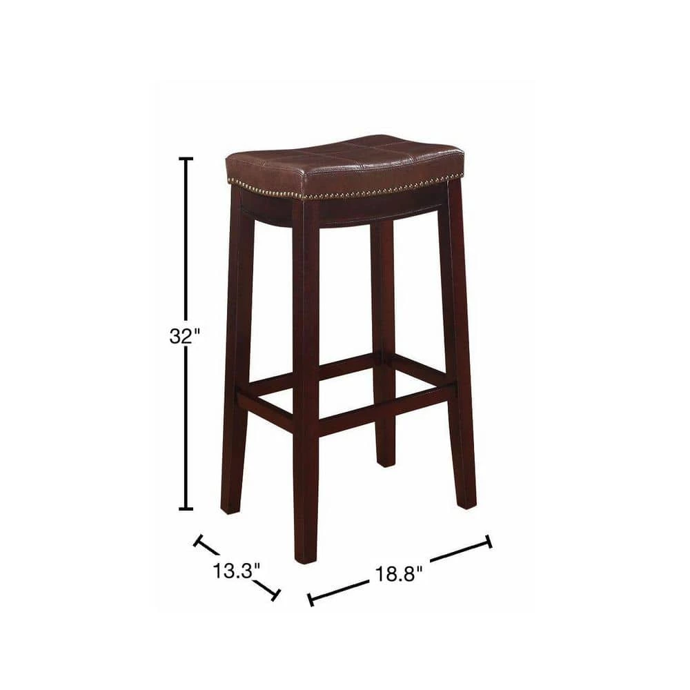 32 in. H Brown Wooden Bar Stool with Faux Leather Upholstery by Benjara 3 32 in. H Brown Wooden Bar Stool with Faux Leather Upholstery by Benjara - Image 3