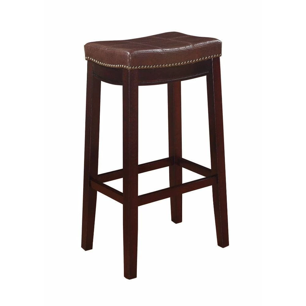 32 in. H Brown Wooden Bar Stool with Faux Leather Upholstery by Benjara 1 32 in. H Brown Wooden Bar Stool with Faux Leather Upholstery by Benjara