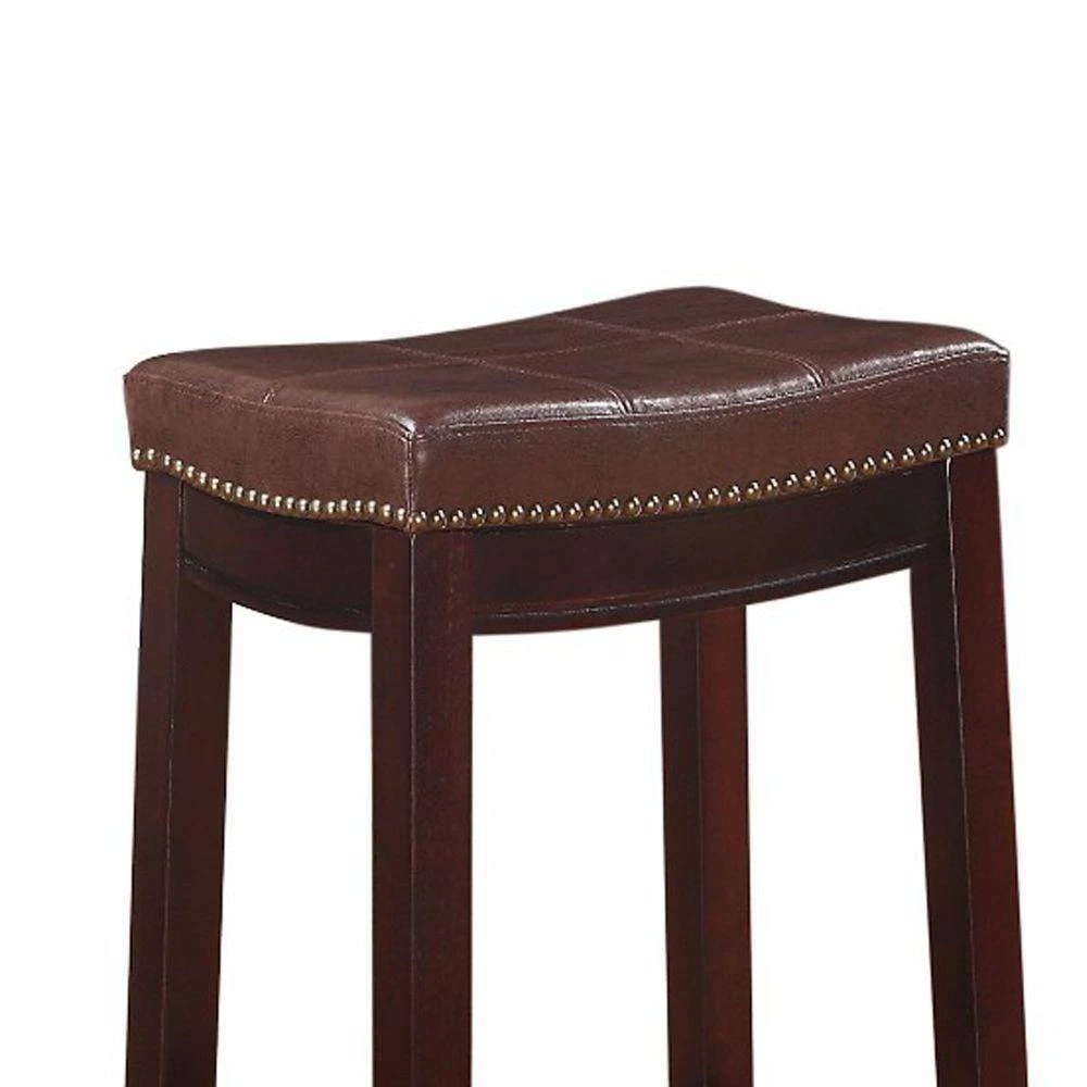 32 in. H Brown Wooden Bar Stool with Faux Leather Upholstery by Benjara 2 32 in. H Brown Wooden Bar Stool with Faux Leather Upholstery by Benjara - Image 2