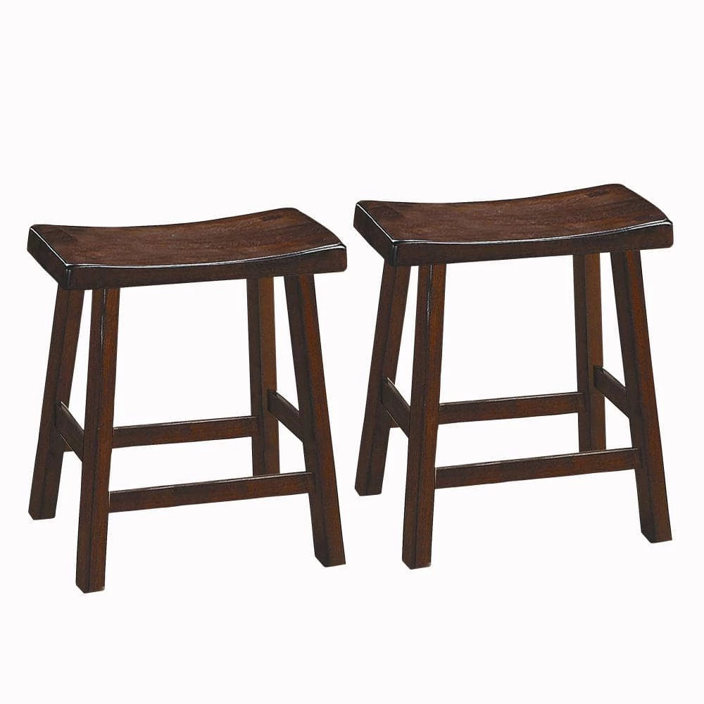 18" H Warm Cherry Brown Wooden Counter Height Stool with Saddle Seat (Set Of 2) by Benjara 1 18" H Warm Cherry Brown Wooden Counter Height Stool with Saddle Seat (Set Of 2) by Benjara