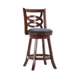 37.5 in. H Swivel Brown Full Back Wooden Counter Stool with Geometric Wood by Benjara