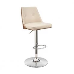 44 in. Cream and Brown Metal Framed Adjustable Barstool with Faux Leather and Wooden Backing by Benjara