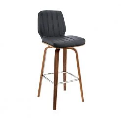 38 in. Black and Brown Low Back Wood and Metal Swivel Barstool with Channel Stitching and Wooden Support by Benjara