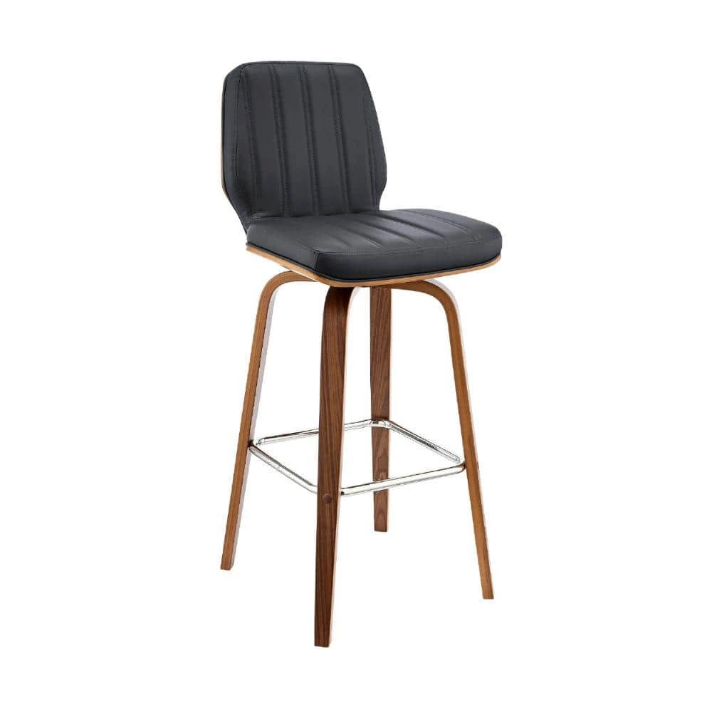 38 in. Black and Brown Low Back Wood and Metal Swivel Barstool with Channel Stitching and Wooden Support by Benjara 1 38 in. Black and Brown Low Back Wood and Metal Swivel Barstool with Channel Stitching and Wooden Support by Benjara