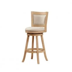 43.5 in. Ivory Solid Wood Swivel Barstool With Curved Panel Back and Brass Nailheads by Benjara