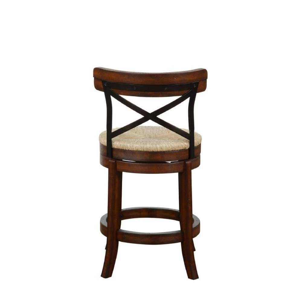 Mia 37.25 in. Brown Wood Swivel Counter Stool with Crossed Metal Back and Sedge Seat by Benjara 4 Mia 37.25 in. Brown Wood Swivel Counter Stool with Crossed Metal Back and Sedge Seat by Benjara - Image 4