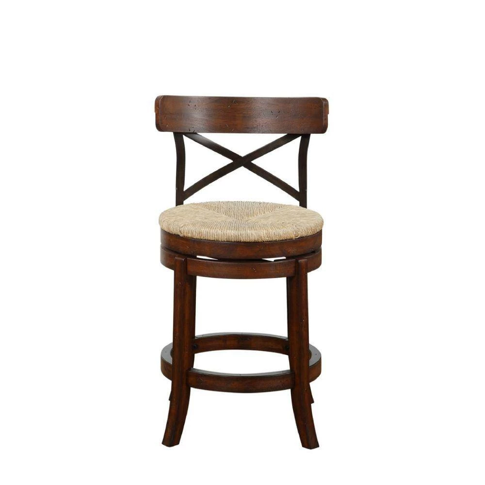 Mia 37.25 in. Brown Wood Swivel Counter Stool with Crossed Metal Back and Sedge Seat by Benjara 2 Mia 37.25 in. Brown Wood Swivel Counter Stool with Crossed Metal Back and Sedge Seat by Benjara - Image 2