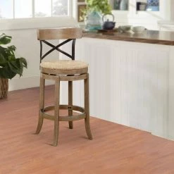 42.75 in. Natural Brown Crossed Metal High Back Swivel Barstool with Sedge Seat by Benjara -Cheap Benjara Store brown benjara bar stools bm274288 31 1000