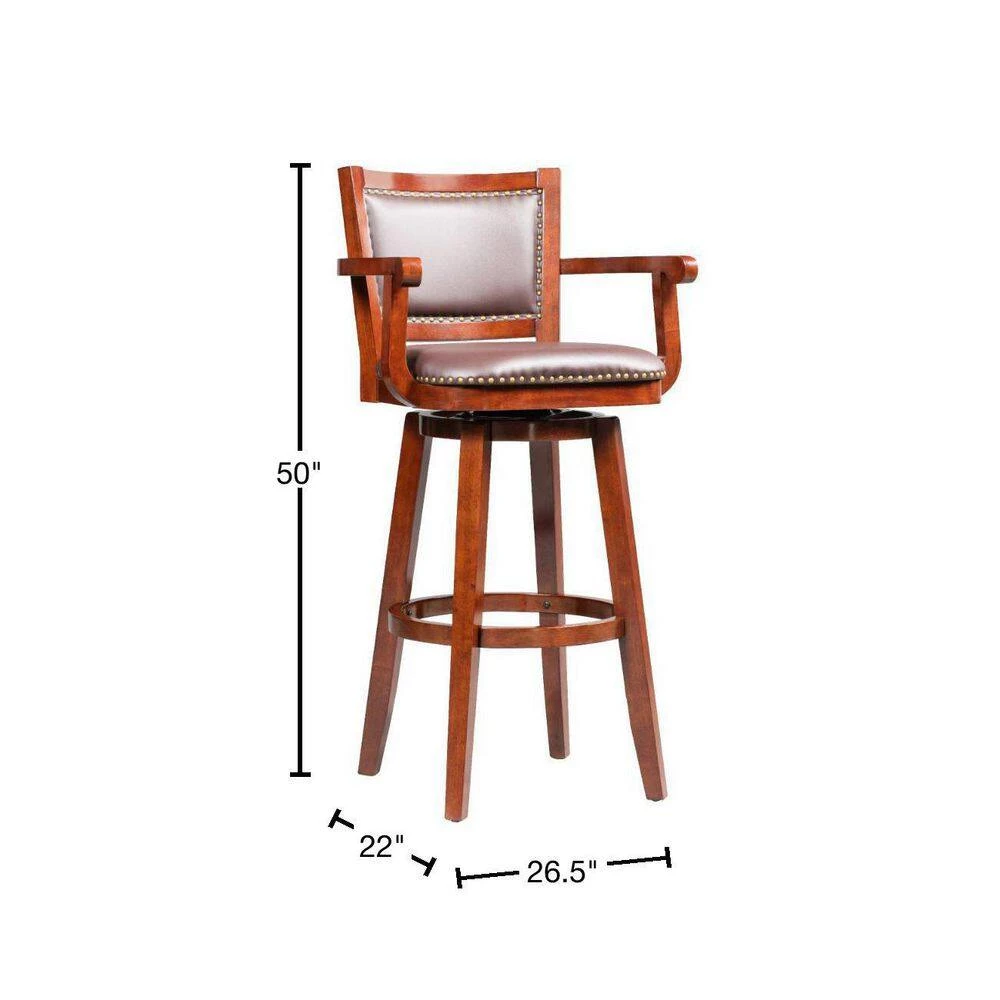 Hugo 50 in. Brown High Back Wood Swivel Barstool with Open Rolled Arms and Bonded Leather Seat by Benjara 3 Hugo 50 in. Brown High Back Wood Swivel Barstool with Open Rolled Arms and Bonded Leather Seat by Benjara - Image 3