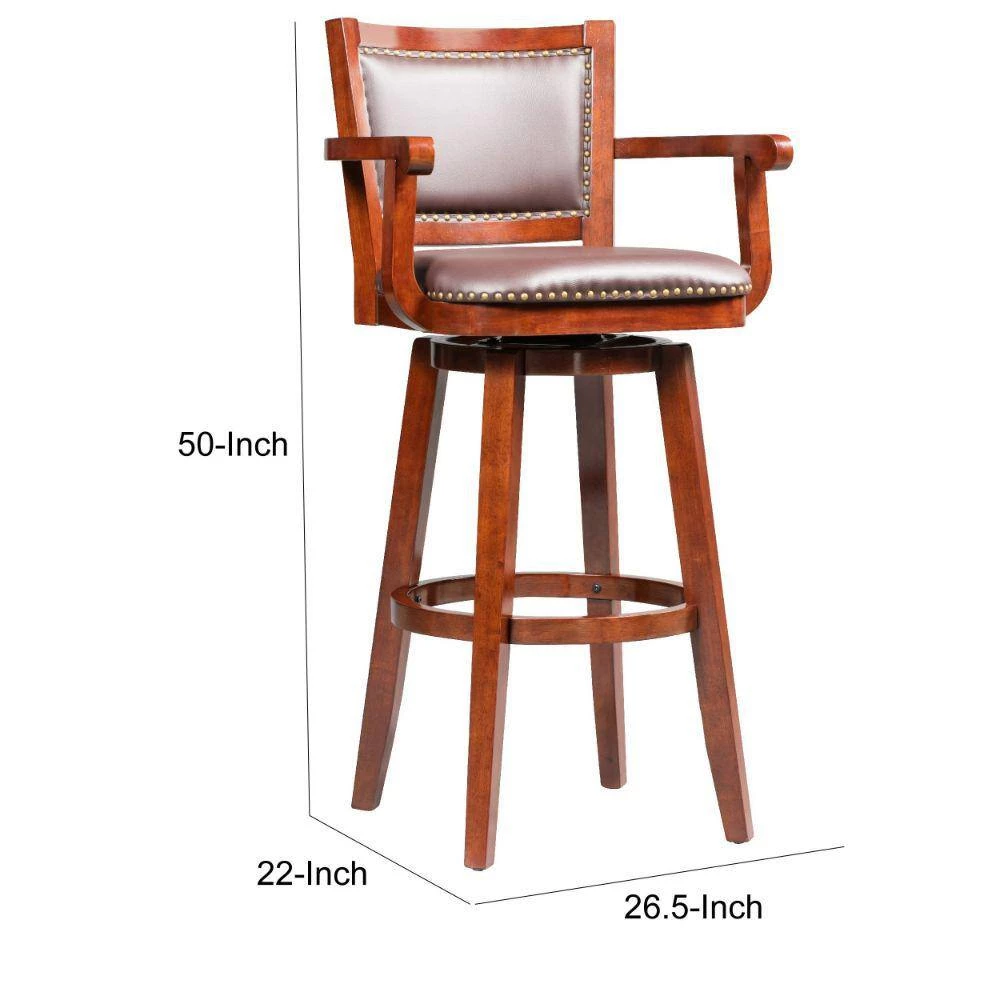 Hugo 50 in. Brown High Back Wood Swivel Barstool with Open Rolled Arms and Bonded Leather Seat by Benjara 7 Hugo 50 in. Brown High Back Wood Swivel Barstool with Open Rolled Arms and Bonded Leather Seat by Benjara - Image 7