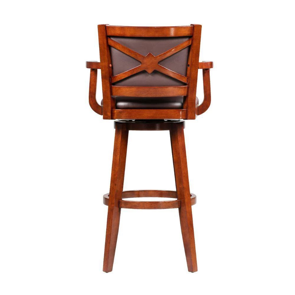 Hugo 50 in. Brown High Back Wood Swivel Barstool with Open Rolled Arms and Bonded Leather Seat by Benjara 5 Hugo 50 in. Brown High Back Wood Swivel Barstool with Open Rolled Arms and Bonded Leather Seat by Benjara - Image 5