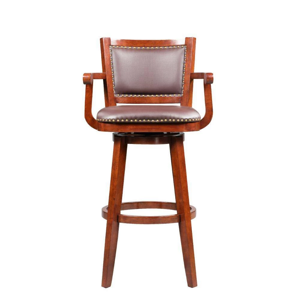Hugo 50 in. Brown High Back Wood Swivel Barstool with Open Rolled Arms and Bonded Leather Seat by Benjara 4 Hugo 50 in. Brown High Back Wood Swivel Barstool with Open Rolled Arms and Bonded Leather Seat by Benjara - Image 4