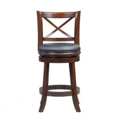 Gia 37.5 in. Brown Full Back Solid Wood Swivel Counter Stool With Rich Faux Leather Seat by Benjara