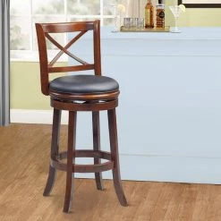 43 in. Brown Low Back Rich Vegan Faux Leather Solid Wood Swivel Bar Stool by Benjara -Cheap Benjara Store brown benjara bar stools bm274340 31 1000