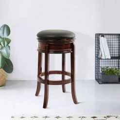 Sabi 29 in. Brown and Black Solid Wood Swivel Counter Stool Faux Leather by Benjara -Cheap Benjara Store brown benjara bar stools bm274356 31 1000