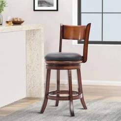 37.5 in. Brown and Black Low Back Faux Leather Solid Wood Swivel Counter Bar Stool by Benjara -Cheap Benjara Store brown benjara bar stools bm274357 31 1000