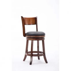 37.5 in. Brown and Black Low Back Faux Leather Solid Wood Swivel Counter Bar Stool by Benjara