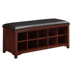 Brown Wooden Bench with 10 Open Cubbies and Leatherette Seat (19 in. x 45 in. x 17 in.) by Benjara