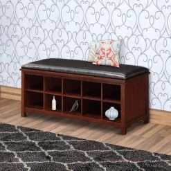 Brown Wooden Bench with 10 Open Cubbies and Leatherette Seat (19 in. x 45 in. x 17 in.) by Benjara -Cheap Benjara Store brown benjara bedroom benches bm144100 fa 1000