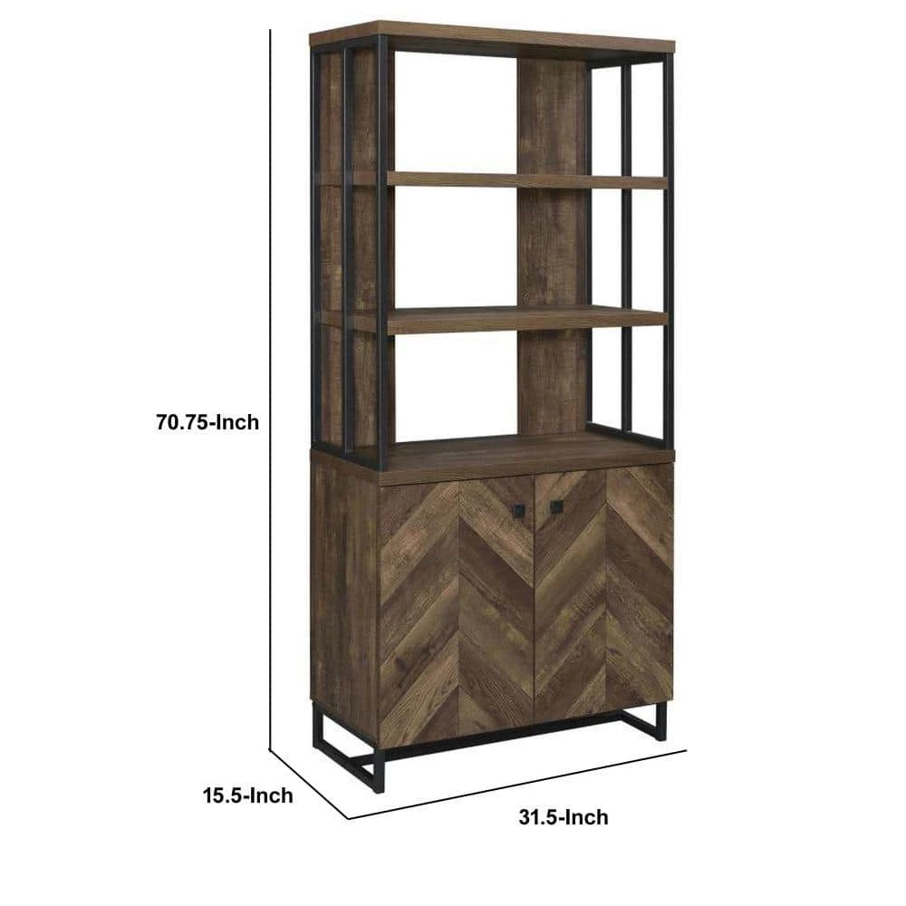 70.75 in. Brown Wooden 3-Shelf Standard Bookcase with 2-Doors by Benjara 5 70.75 in. Brown Wooden 3-Shelf Standard Bookcase with 2-Doors by Benjara - Image 5
