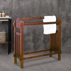 Brown Wooden Mission Style Quilt Rack with 3-Hanging Bars on Scrolled Top by Benjara -Cheap Benjara Store brown benjara coat racks bm210416 31 1000