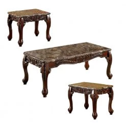 3-Piece 24 in. Brown Medium Rectangle Faux Marble Coffee Table Set with Faux Marble Top by Benjara
