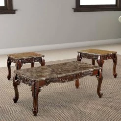 3-Piece 24 in. Brown Medium Rectangle Faux Marble Coffee Table Set with Faux Marble Top by Benjara -Cheap Benjara Store brown benjara coffee tables bm123017 c3 1000