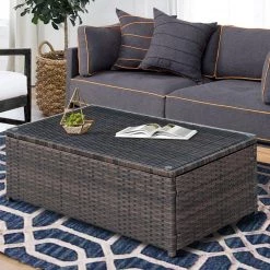 34 .62 in. L Brown Rectangle Faux Rattan and Aluminum Glass Top Coffee Table by Benjara 11 34 .62 in. L Brown Rectangle Faux Rattan and Aluminum Glass Top Coffee Table by Benjara -Cheap Benjara Store brown benjara coffee tables bm206283 31 1000