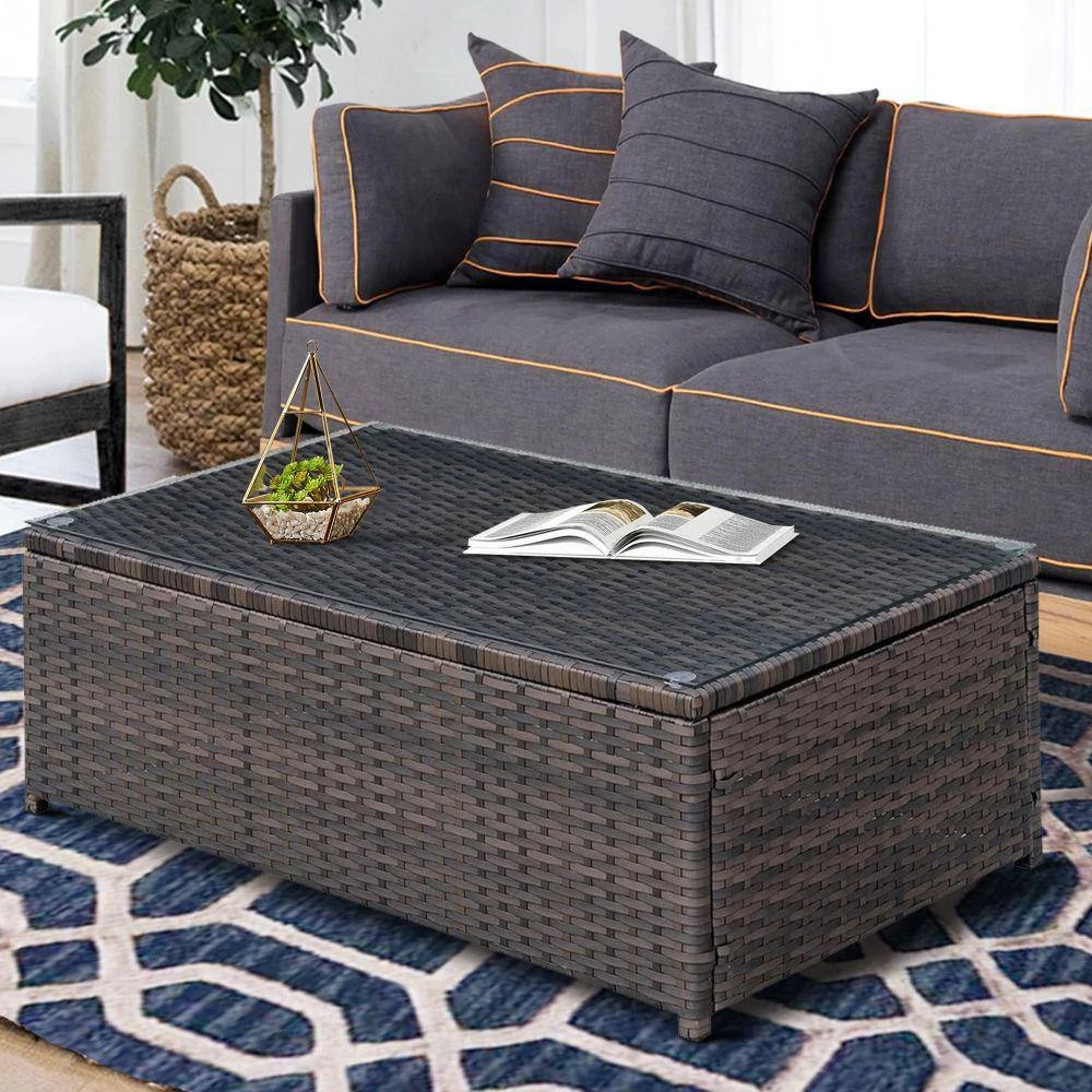34 .62 in. L Brown Rectangle Faux Rattan and Aluminum Glass Top Coffee Table by Benjara 6 34 .62 in. L Brown Rectangle Faux Rattan and Aluminum Glass Top Coffee Table by Benjara - Image 6