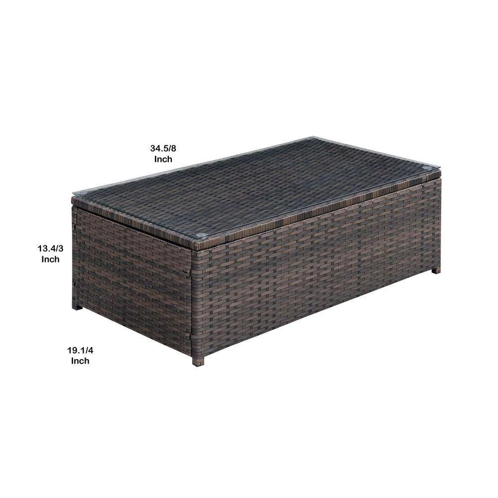 34 .62 in. L Brown Rectangle Faux Rattan and Aluminum Glass Top Coffee Table by Benjara 5 34 .62 in. L Brown Rectangle Faux Rattan and Aluminum Glass Top Coffee Table by Benjara - Image 5