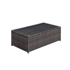 34 .62 in. L Brown Rectangle Faux Rattan and Aluminum Glass Top Coffee Table by Benjara