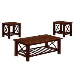 47 in. L Brown Slatted Bottom Shelf Wooden Coffee Table and End Table 3-Piece by Benjara