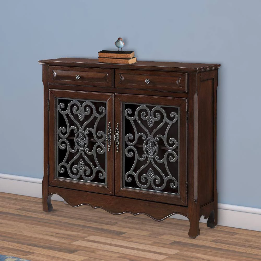 41 in. Brown Standard Rectangle Wood Console Table with 2-Metal Scrolled Front Doors by Benjara 7 41 in. Brown Standard Rectangle Wood Console Table with 2-Metal Scrolled Front Doors by Benjara - Image 7