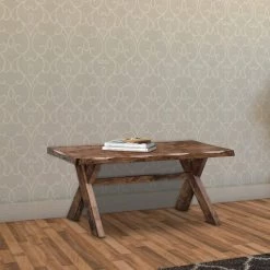 Brown Wooden Trestle Style Base Bench 62 in. L x 39.5 in. W x 32 in. H by Benjara -Cheap Benjara Store brown benjara dining benches bm163719 31 1000