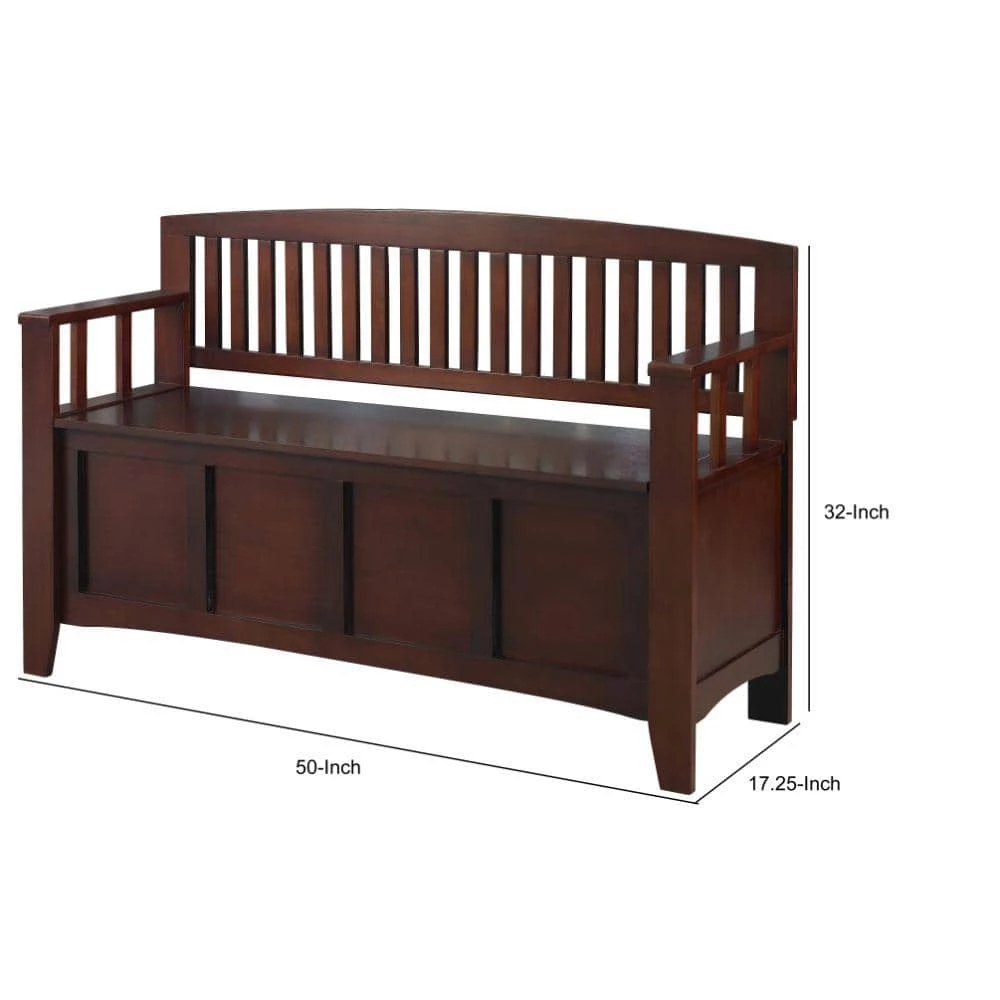 17.25 in. L x 50 in. W x 32 in. H Brown Wooden Storage Bench with Flip Top Seat and Slatted Back by Benjara 6 17.25 in. L x 50 in. W x 32 in. H Brown Wooden Storage Bench with Flip Top Seat and Slatted Back by Benjara - Image 6