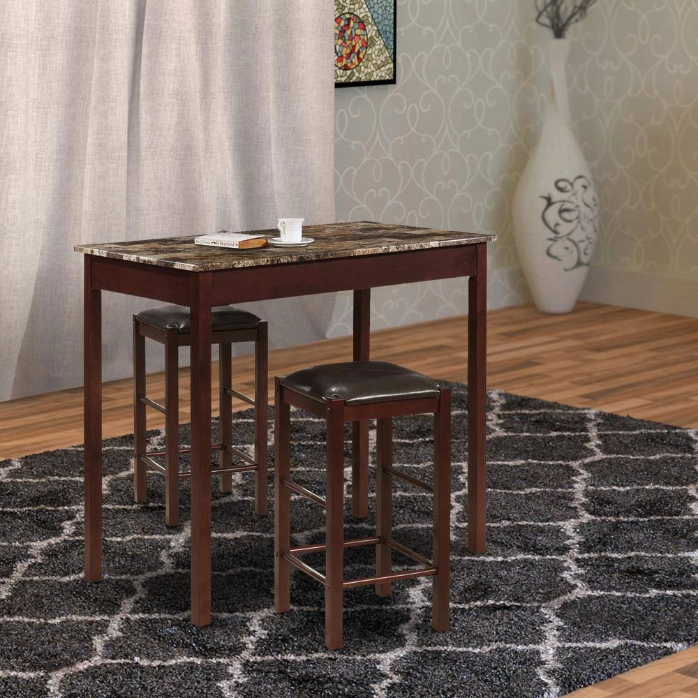 3-Piece Reactangle Faux Marbleized Brown Wooden Counter Set with Stools by Benjara 5 3-Piece Reactangle Faux Marbleized Brown Wooden Counter Set with Stools by Benjara - Image 5