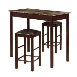 3-Piece Reactangle Faux Marbleized Brown Wooden Counter Set with Stools by Benjara
