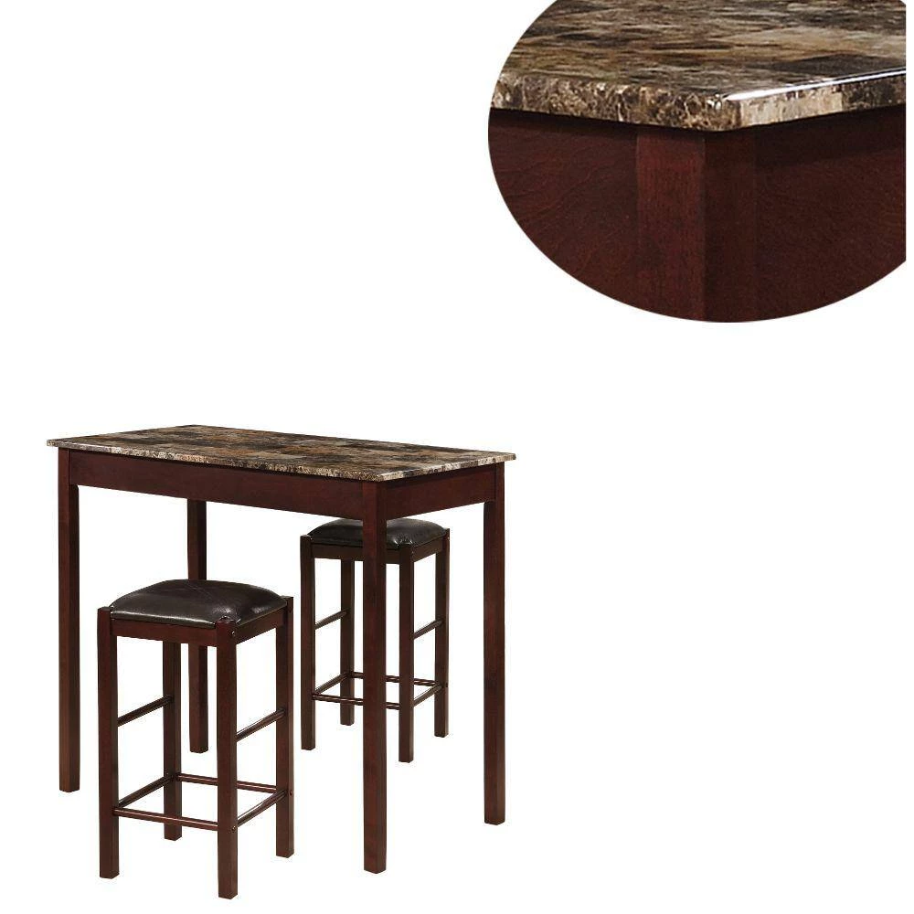 3-Piece Reactangle Faux Marbleized Brown Wooden Counter Set with Stools by Benjara 2 3-Piece Reactangle Faux Marbleized Brown Wooden Counter Set with Stools by Benjara - Image 2