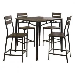 5-Piece Antique Brown Metal and Wood Counter Height Table Set by Benjara