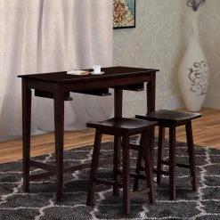 3-Piece Rectangular Wooden Espresso Brown Bar Table Set with Contoured Seat by Benjara -Cheap Benjara Store brown benjara dining room sets bm245922 31 1000