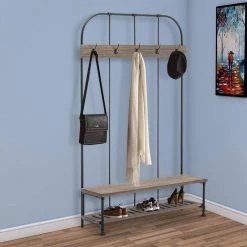 Brown Wood and Metal Industrial Hall Tree with Bench by Benjara -Cheap Benjara Store brown benjara hall trees bm240825 31 1000
