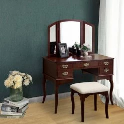 Spacious Brown Solid Wood Vanity Table with Three Sided Mirror and Fabric Padded Stool by Benjara -Cheap Benjara Store brown benjara makeup vanities bm138071 31 1000