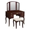 Spacious Brown Solid Wood Vanity Table with Three Sided Mirror and Fabric Padded Stool by Benjara