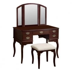 Spacious Brown Solid Wood Vanity Table with Three Sided Mirror and Fabric Padded Stool by Benjara